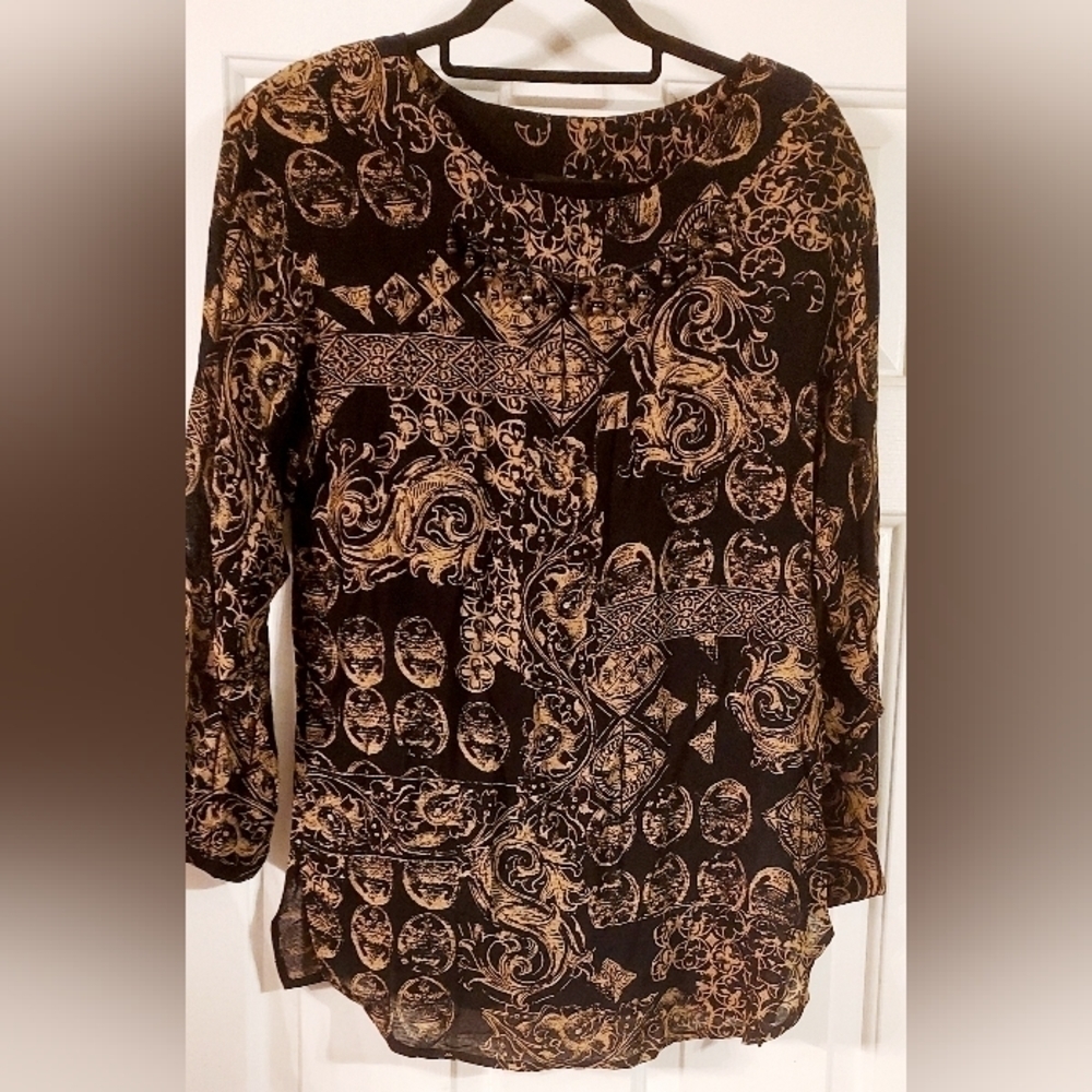 NWOT - Carole Little Designs Women's Black And Gold Long Sleeve Tunic Top Size 6